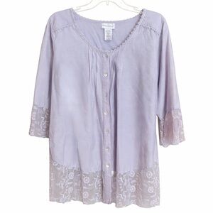 Soft Surroundings Lilac Button Down Tunic Blouse with Lace Accents Size XL